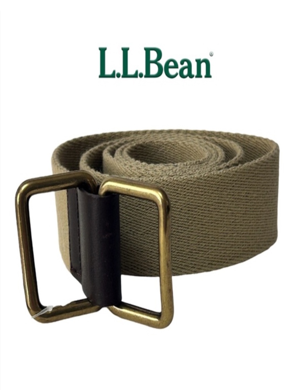 L.L. Bean Belt Square Ring Buckle Cotton Web & Leather Khaki Made in USA Vintage